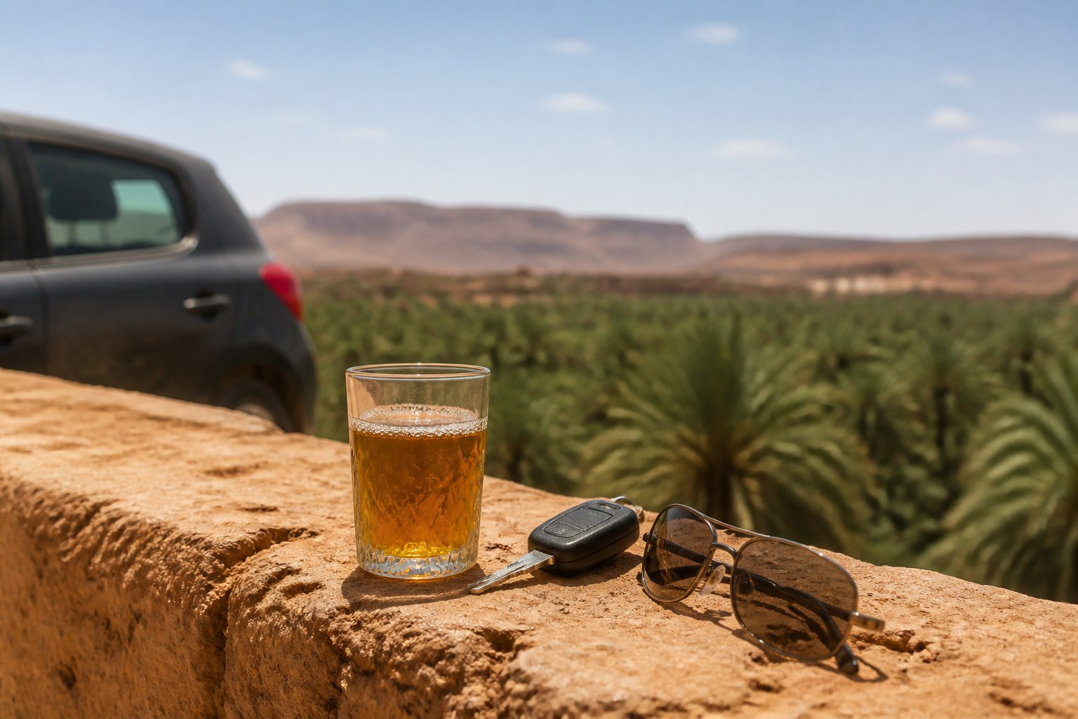 Moroccan tea and car keys overlooking the Skoura palm grove