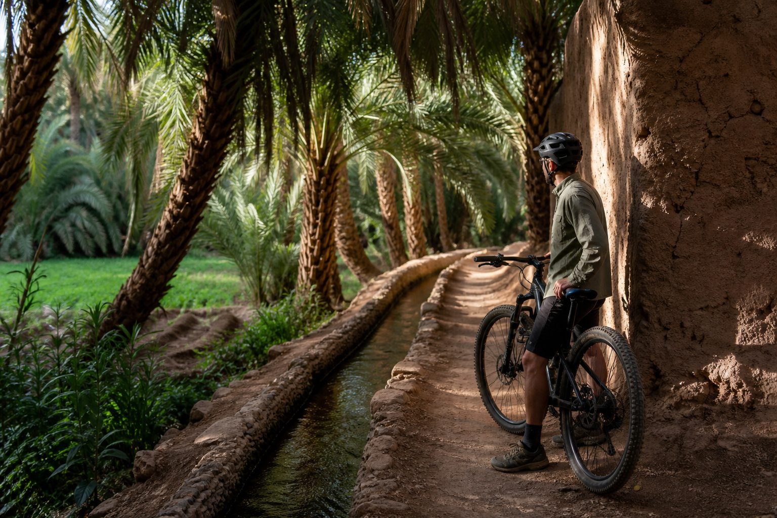 Cyclist pausing beside a traditional irrigation channel on a shaded Skoura Oasis trail
