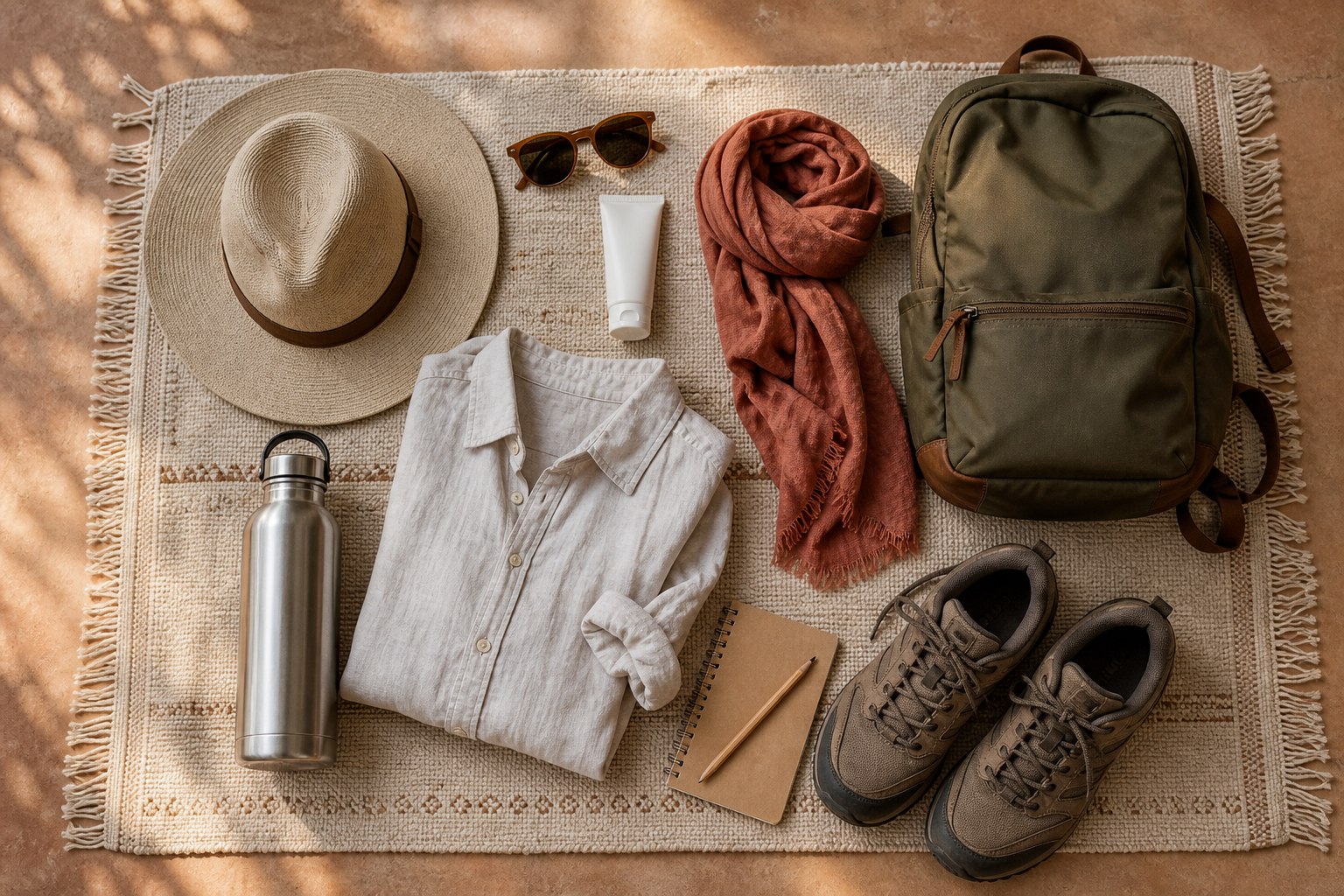 Water, sun hat, scarf, light shirt, daypack and walking shoes for a Skoura Oasis excursion