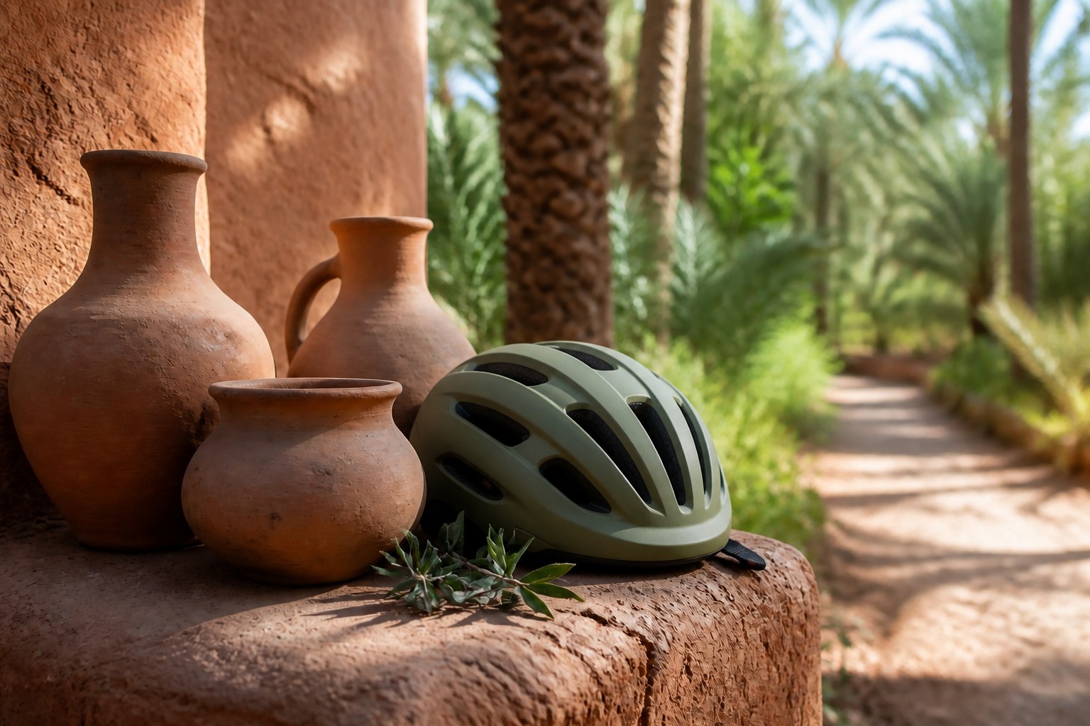 Handmade pottery and a cycling helmet beside a Skoura palm-grove path