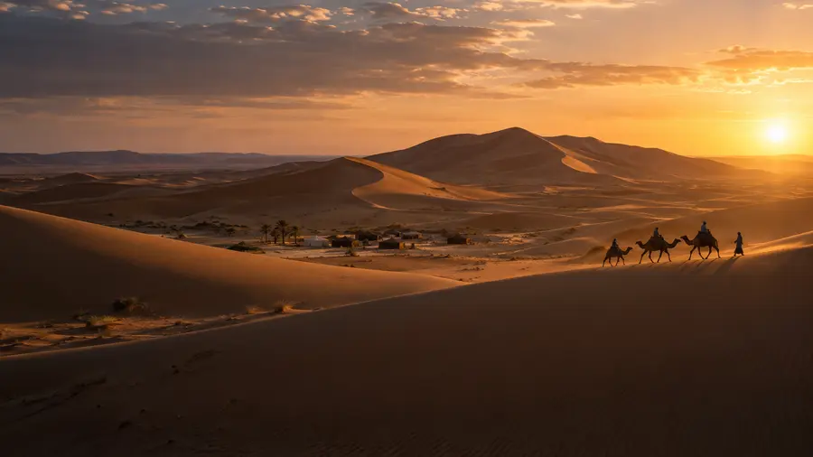 Caravane de chameaux dans les dunes dorées du Sahara près de Merzouga au coucher du soleil